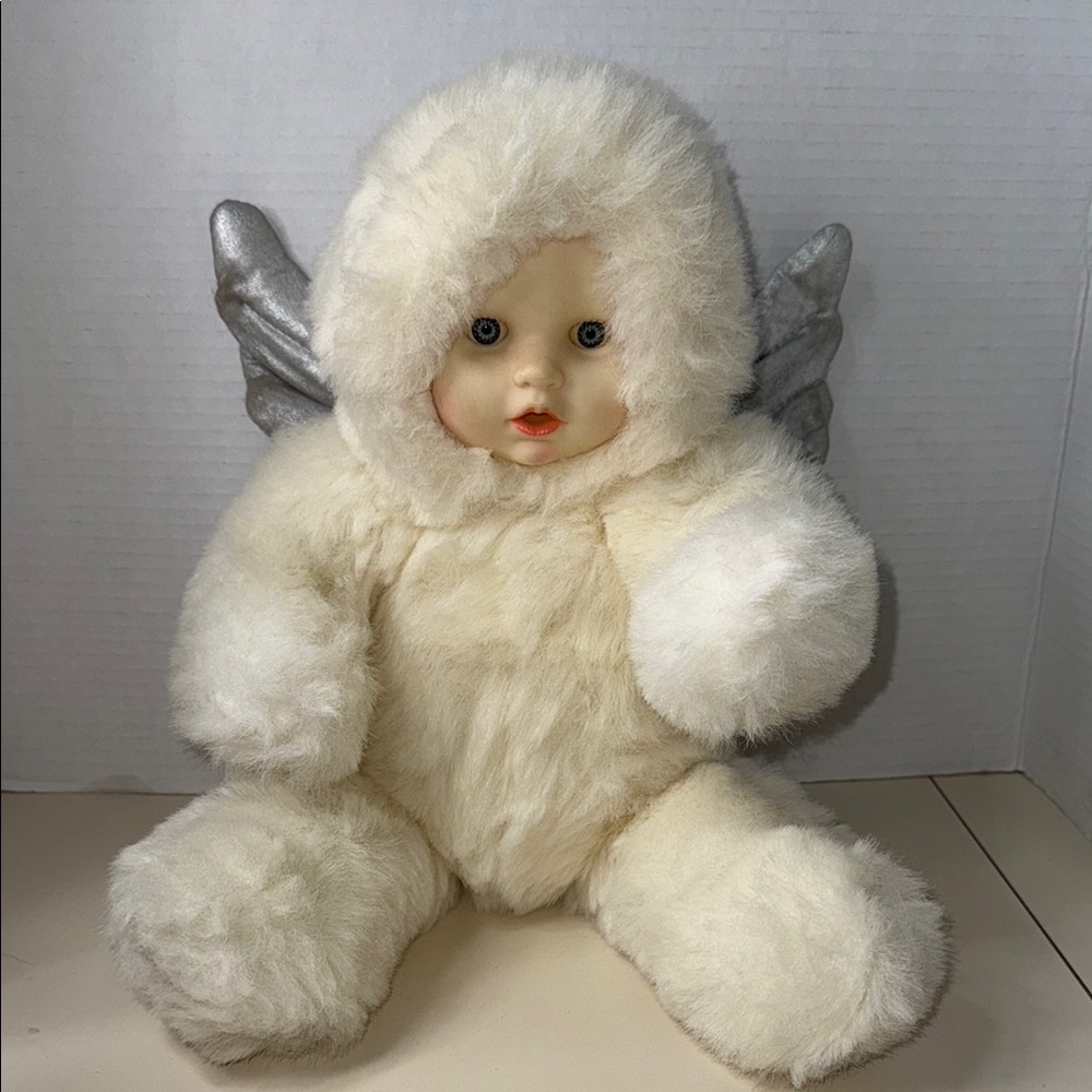 Vintage Green Trading Rubber Face Winter Snow Angel Baby White Plush Silver Wing